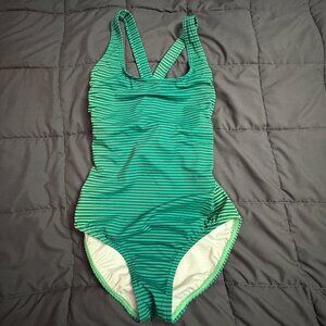 Lands' End Green Stripped Tugless X-Back 1-Piece Swimsuit -  Sizes: 4 Long - NWT